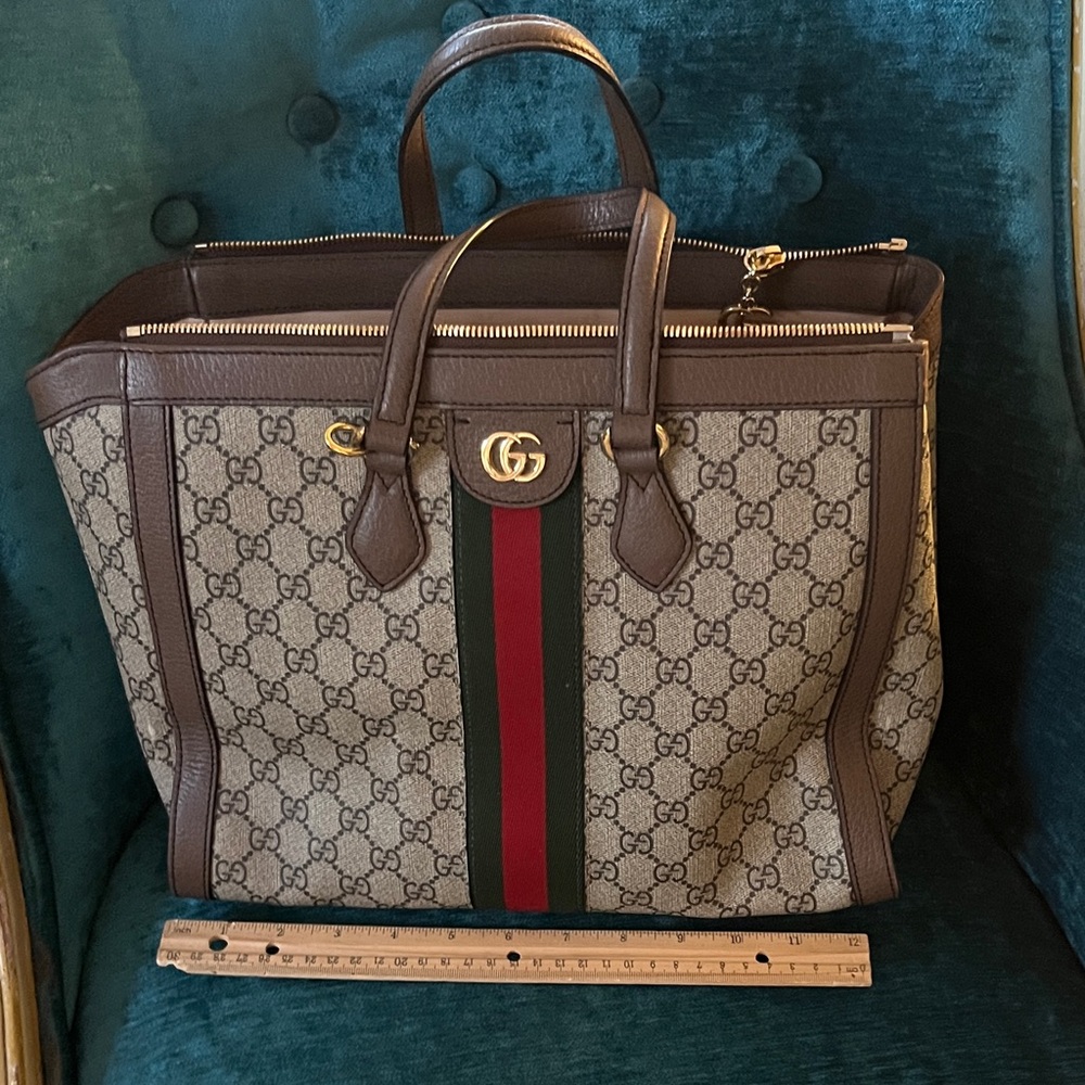 GG Ophidia look alike Brown Monogram  Fashion Tote Bag real leather trim